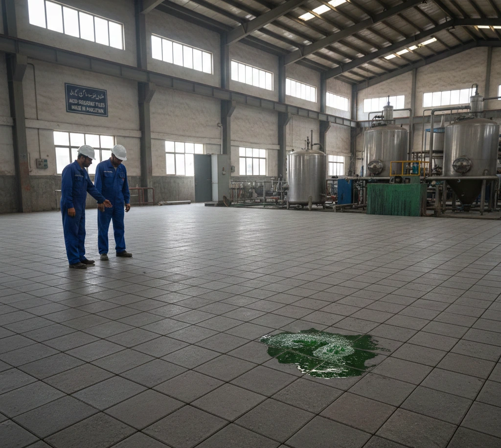 A spacious industrial facility with machinery and workers in lab coats and helmets on the left side. A square acid resistant tile Pakistan on the floor is removed to reveal a glowing, bubbling green liquid, adding an unusual contrast to the orderly setting.