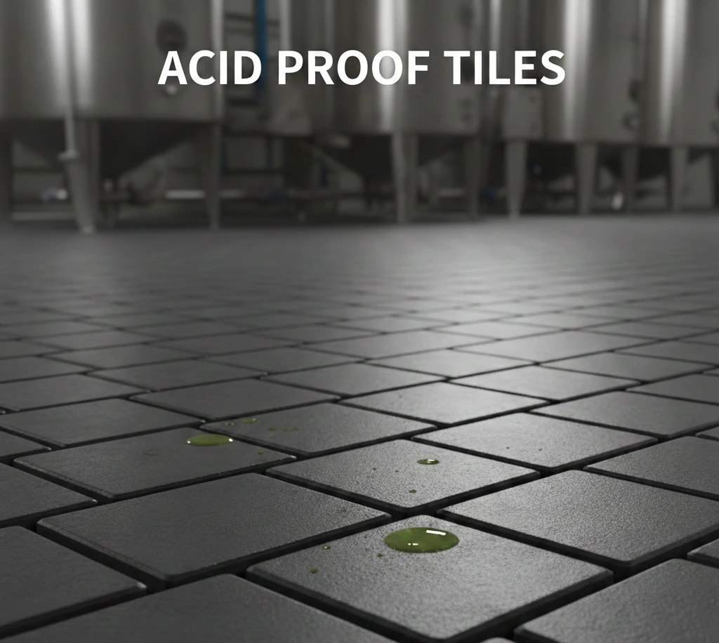 A close-up of dark square tiles with green liquid droplets, labeled Acid Proof Tiles Pakistan. Silver tanks in the blurred background suggest durability and chemical resistance.