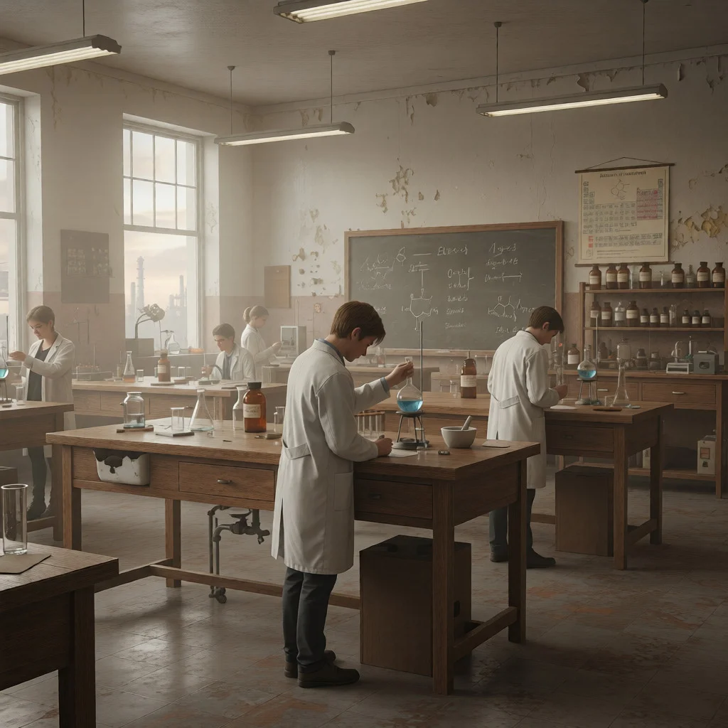 Scientists in a vintage lab experiment with blue liquids, demonstrating smart industrial chemicals.