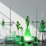Laboratory scene with glass beakers and test tubes of green liquids shows eco-friendly chemical solutions.
