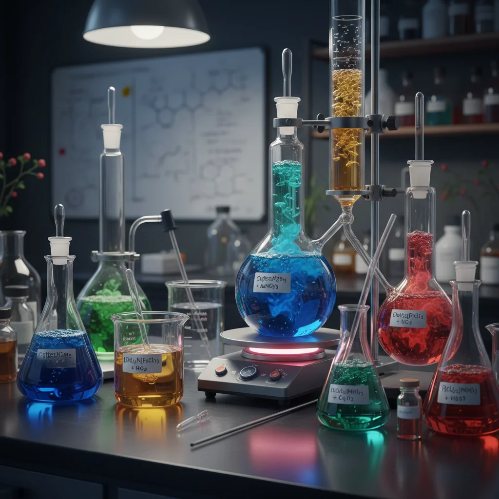 A dimly lit chemistry lab with colorful flasks highlights custom chemical formulations efficiency.