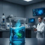 A scientist in a lab coat observes a beaker with swirling blue and green liquid, highlighting custom chemical formulations efficiency.